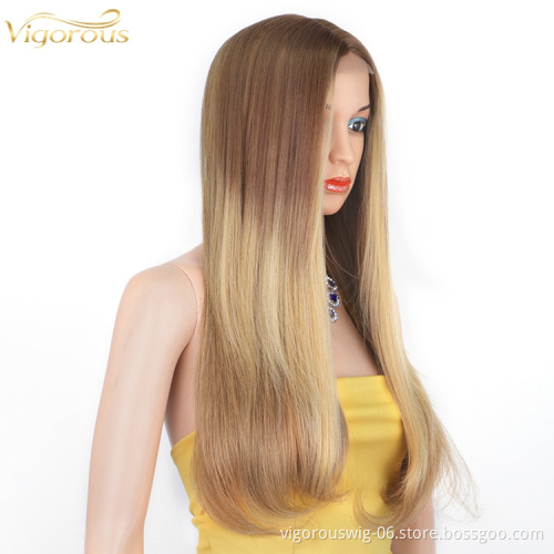 Hot Sale High Quality Vendor Middle Part Mix Ombre Blonde Three Tone Color Long Straight Synthetic Lace Wig Heat Resistant
